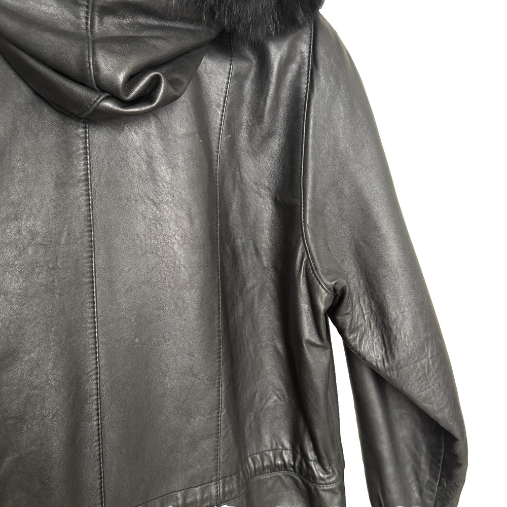 Worthington Womens Genuine Leather Coat Large Black Hooded Faux Fur Trim Luxury - Picture 12 of 16